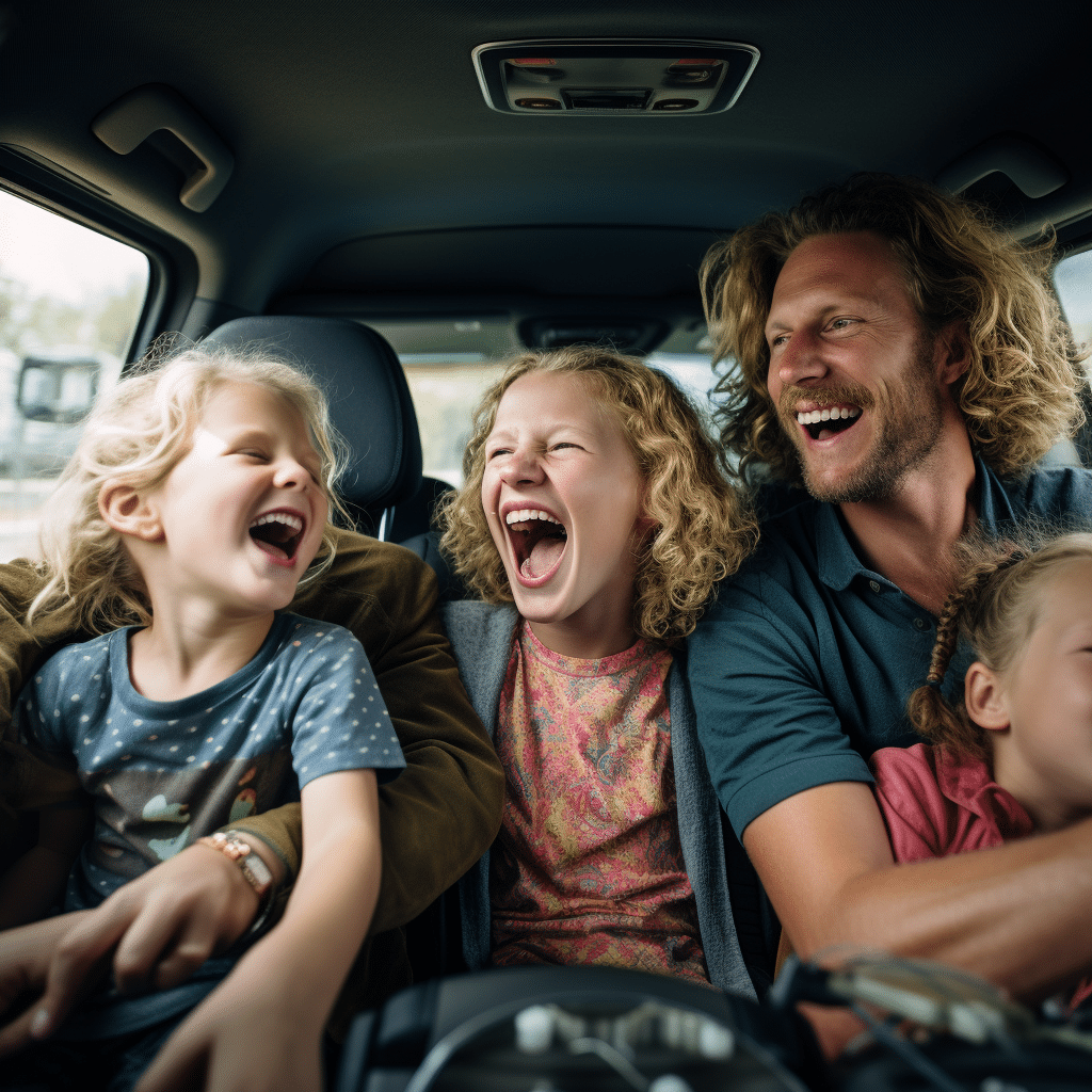 een vrolijke familie die een stedentrip gaat houden met de auto