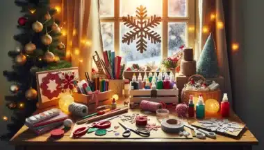 Kerstdecoratie maken | Op de tafel liggen kleurrijk papier en karton, scharen, lijm, glitter, verf, linten, touw en een streng LED-kerstverlichting. Op de achtergrond zie je een raam met een sneeuwvlokkenpatroon gemaakt met sneeuwspray. De kamer is warm verlicht, wat een gevoel van warmte en kerstvreugde oproept. De scène geeft de essentie weer van een doe-het-zelf-handleiding voor het maken van eenvoudige maar prachtige kerstdecoraties.