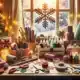Kerstdecoratie maken | Op de tafel liggen kleurrijk papier en karton, scharen, lijm, glitter, verf, linten, touw en een streng LED-kerstverlichting. Op de achtergrond zie je een raam met een sneeuwvlokkenpatroon gemaakt met sneeuwspray. De kamer is warm verlicht, wat een gevoel van warmte en kerstvreugde oproept. De scène geeft de essentie weer van een doe-het-zelf-handleiding voor het maken van eenvoudige maar prachtige kerstdecoraties.