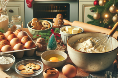 Kerstkoekjes maken: een sfeervolle keukenscène met essentiële ingrediënten en gereedschappen voor het bakken van kerstkoekjes. Op het keukenblad zijn bloem, boter, suiker, eieren en specerijen zoals kaneel, nootmuskaat en gember te zien. Er is een mengkom met een romig mengsel van boter en suiker, een kom met geklopte eieren, verschillende feestelijke kerstkoekjesuitstekers, een deegroller en een bakplaat met goudbruine koekjes. Op de achtergrond is een voorverwarmde oven en gezellige kerstversiering te zien, wat zorgt voor een warme en uitnodigende sfeer van het bakken tijdens de feestdagen.