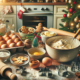 Kerstkoekjes maken: een sfeervolle keukenscène met essentiële ingrediënten en gereedschappen voor het bakken van kerstkoekjes. Op het keukenblad zijn bloem, boter, suiker, eieren en specerijen zoals kaneel, nootmuskaat en gember te zien. Er is een mengkom met een romig mengsel van boter en suiker, een kom met geklopte eieren, verschillende feestelijke kerstkoekjesuitstekers, een deegroller en een bakplaat met goudbruine koekjes. Op de achtergrond is een voorverwarmde oven en gezellige kerstversiering te zien, wat zorgt voor een warme en uitnodigende sfeer van het bakken tijdens de feestdagen.
